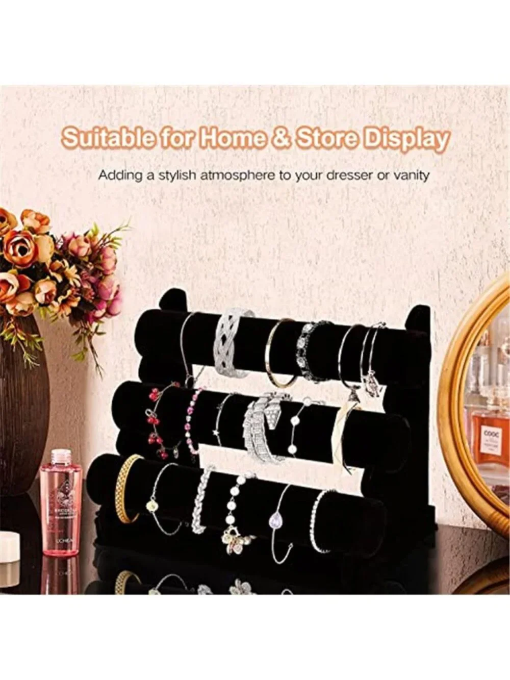 Velvet Bracelet Holder with 3 Tier Rack, Black Detachable Jewelry Display Stand